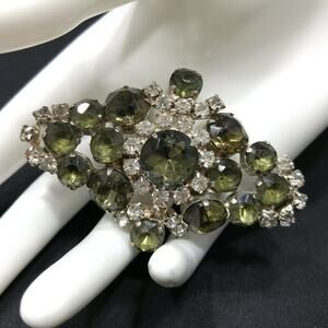 Wide Vintage Green Rhinestone Diamond Shaped Brooch, Gold Plated, 1960s Jewelry